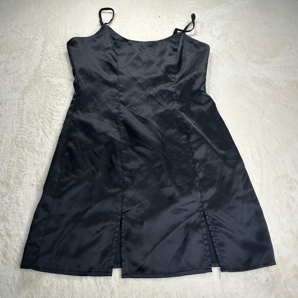 Forever 21 Black Satin Mini Slip Dress Adjustable Straps Side Slits ELOA522 M